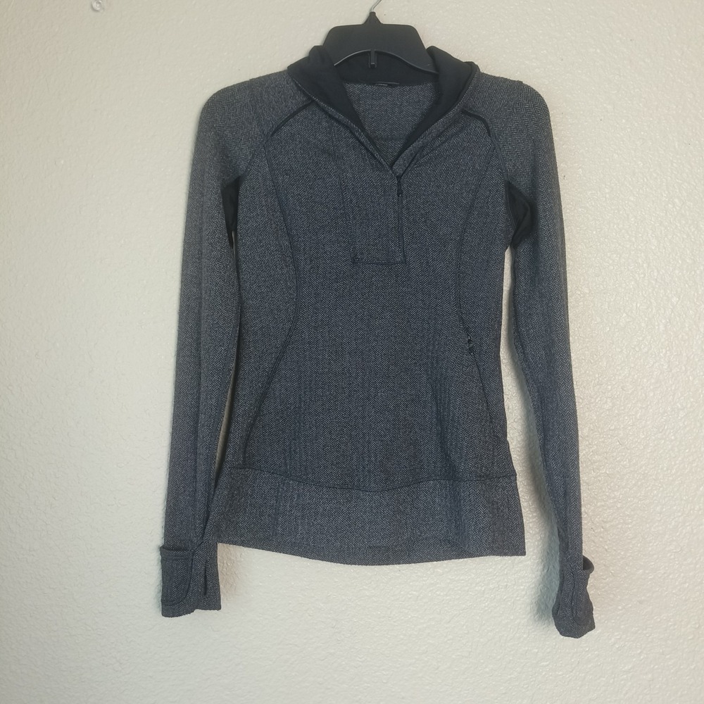 Lululemon Pullover Think Fast Quarter Zip Gray Black Herringbone Sweatshirt Sz 4 - Picture 2 of 13
